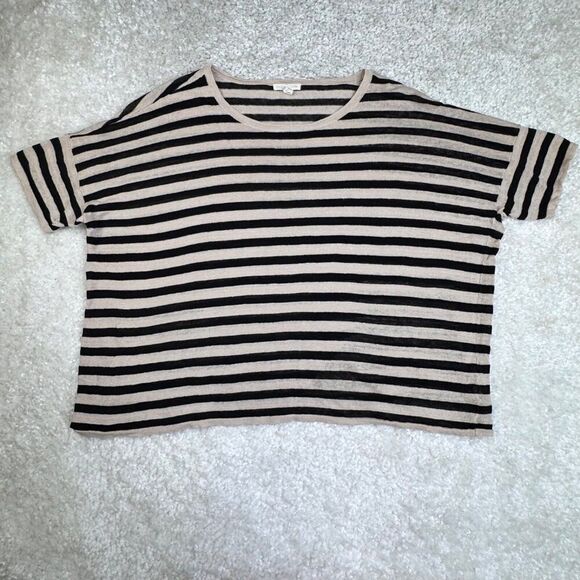 Eileen Fisher Black Tan Organic Linen Striped Boxy Sweater Top - Picture 3 of 9